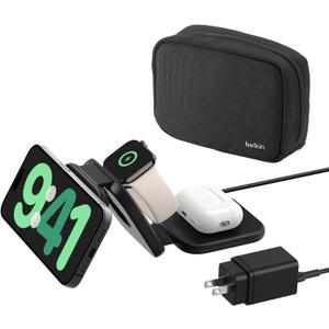 Belkin MagSafe Charger Compatible 3-in-1 Magnetic Charging Travel Pad 15W-BoostCharge Pro Foldable Qi2-Certified Wireless Charger, MagSafe-Compatible Charger for iPhone 16 Series, Apple Watch, AirPods