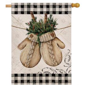 Hzppyz Winter Gloves Home Decorative House Flag Buffalo Plaid Check Farmhouse Garden Yard Outdoor Large Burlap Flag Sign Christmas Outside Decoration Xmas Seasonal Decor Double Sided Black White 28x40
