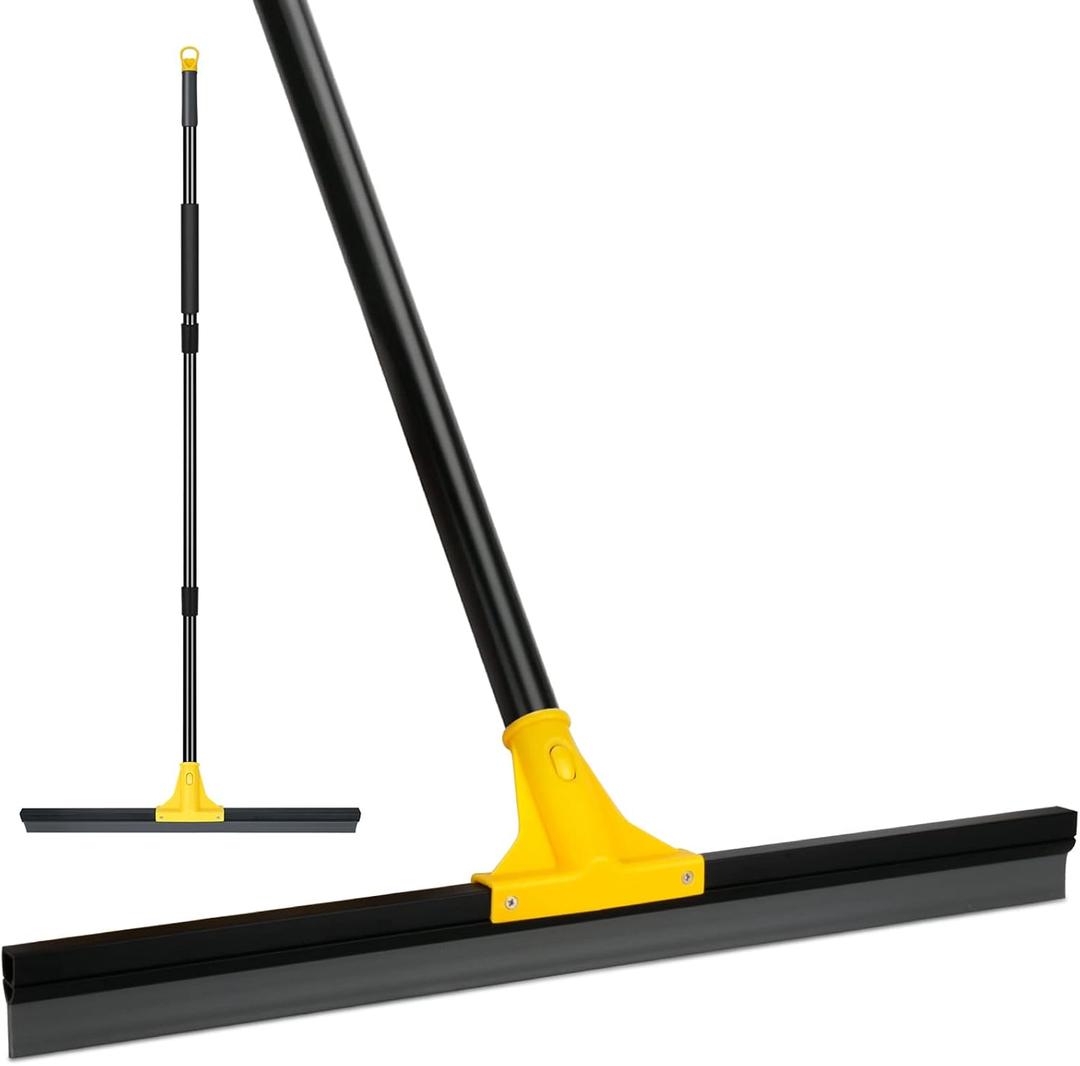 Floor Squeegee for Concrete and Tile Cleaning, 24'' Rubber Wiper Broom, Large Heavy Duty Water Scraper with 60'' Long Handle for Garage, Deck, Bathroom, Shower Glass, Window, 24in
