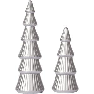 WONDROUS' DECO Wooden Christmas Tree Figurine, Tabletop Silver Tree Figurine, Set of 2 Desk Centerpieces for Christmas Decor