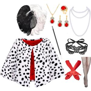 Minggo 10pcs Halloween Costume for Women 2025 Dalmatian Shawl Dress Up Cosplay Black White Coat with Wig Accessories for Adult