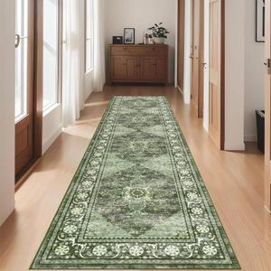Ileading Vintage Runner Rug for Hallway,Machine Washable Carpet Runners with Rubber Backing,Non Slip Kitchen Floor Mat for Entryway Bedroom Laundry Living Room(Dark Green 2x8ft)