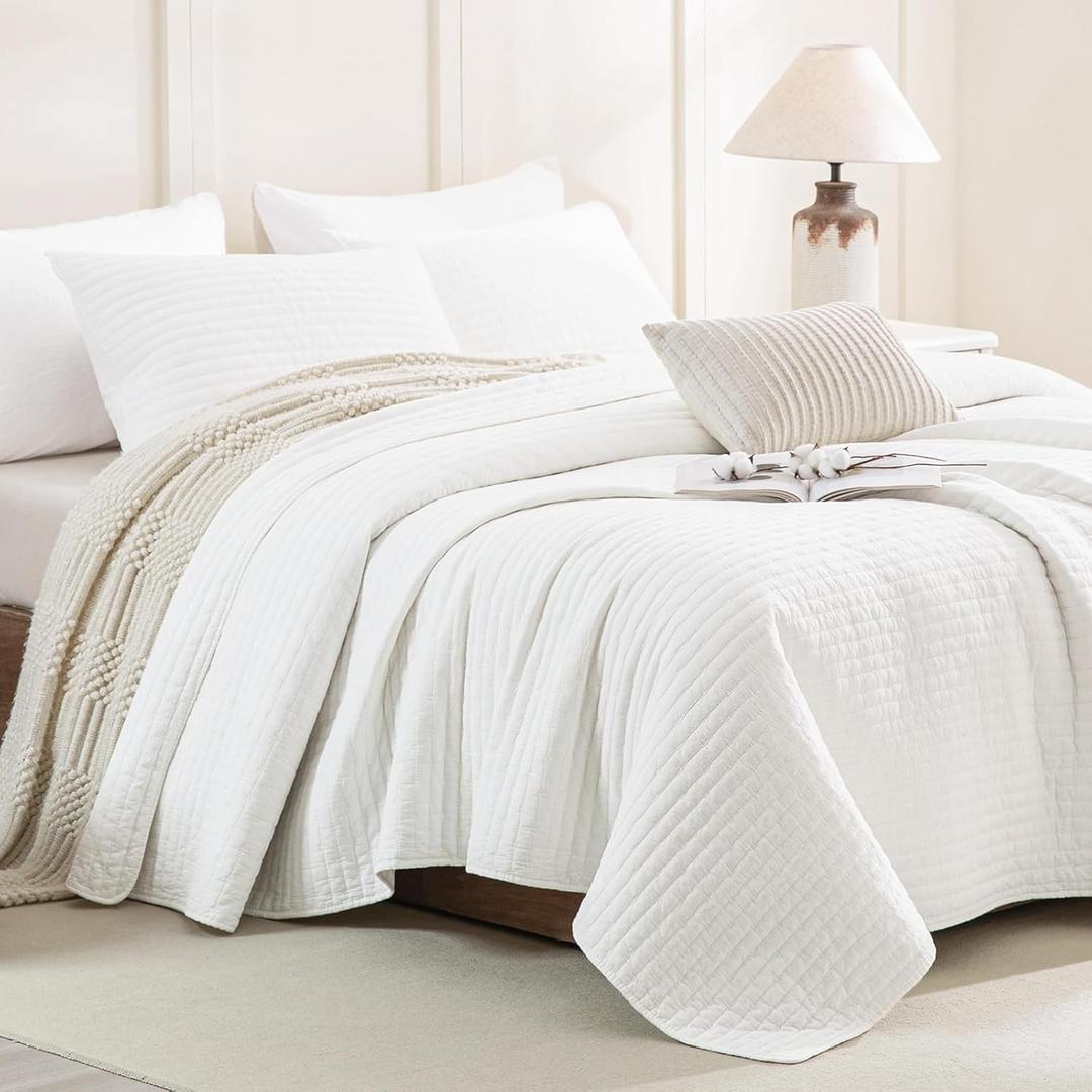 CozyTide White Oversized King Quilt 120x120,Stone-Washed Cotton Lightweight Oversized King Bedspread,3 Pieces Extra Large Modern California King Coverlet Set Ultra Soft, Oversized King 120x120, Milk White-cross