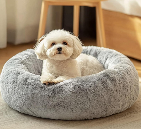 JOLLYVOGUE Small Dog Bed, Calming Soft Anti-Anxiety Donut Cat Bed, Washable Round Fluffy Cushion for Small and Medium Pets (20")