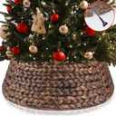 Christmas Tree Collar, Round Tree Collar Hyacinth Handwoven 24in, Christmas Tree Ring Rattan Wicker Rustic Cord Cut Out Metal Frame Decoration (Brown)