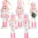 5 Pcs Christmas Pink Nutcracker Ornaments, Wooden Hanging Decorations 5 Inch Tall Nutcracker Figures for Xmas Tree Holiday Party