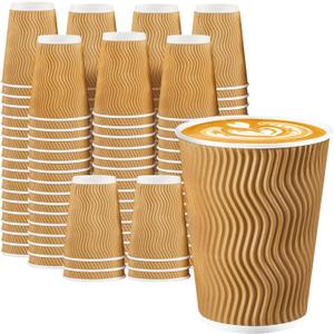 Lamosi Disposable Coffee Cups 12 OZ 100 Pack, Paper Coffee Cups 12 OZ for Hot Drinks or Cold Beverages, Insulated Corrugated Ripple Wall Cup No Lids for Office, Cafe, Home or Travel (Champagne)