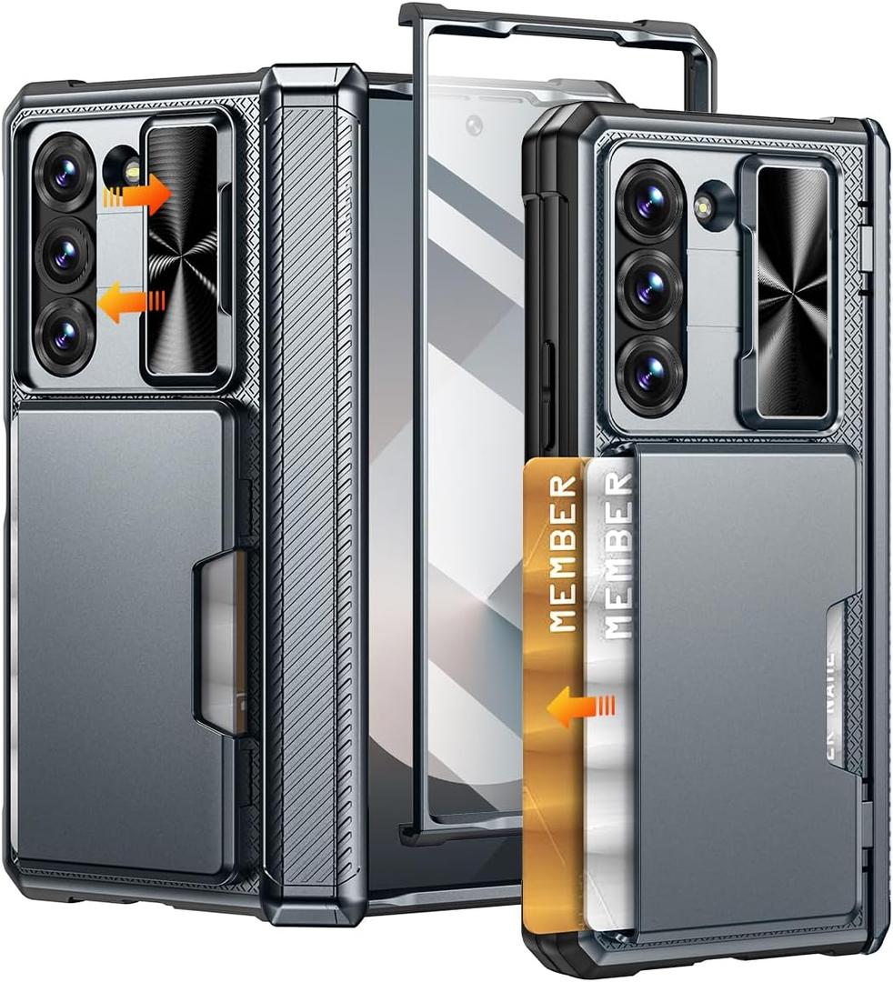 Caka for Galaxy Z Fold 6 Case with Card Holder Wallet & Slide Camera Cover & Screen Protector & Hinge Protection, Dual Layer PC & TPU Heavy Duty Rugged Phone Case for Samsung Galaxy Z Fold 6, Silver