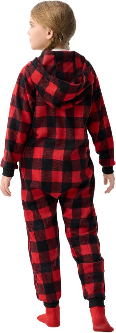 Giggling Getup Red Christmas Pajamas, Flannel Buffalo Plaid Pajamas with Hood for Holiday Jumpsuit M