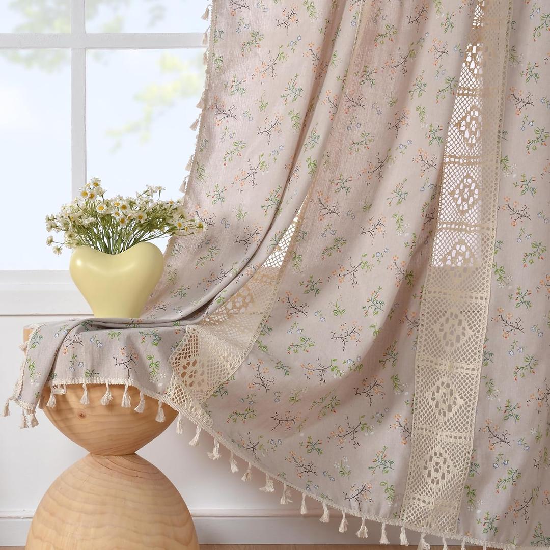 JOOJA Boho Vintage Farmhouse Curtains 96 Inch Beige Patchwork Crochet Window Treatments with Tassels Crochet Lace 2 Panels Floral Patterned Drapes for Bedroom Living Room Boho Curtains 59x96