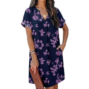 Zeagoo Dresses for Women 2026 Floral Dress for Women Shirt Trendy Dress for Women Casual Summer Dress V Neck T Shirt Dresses with Pockets Women Short Sleeve A Line Dresses Blue Sundress Purple S
