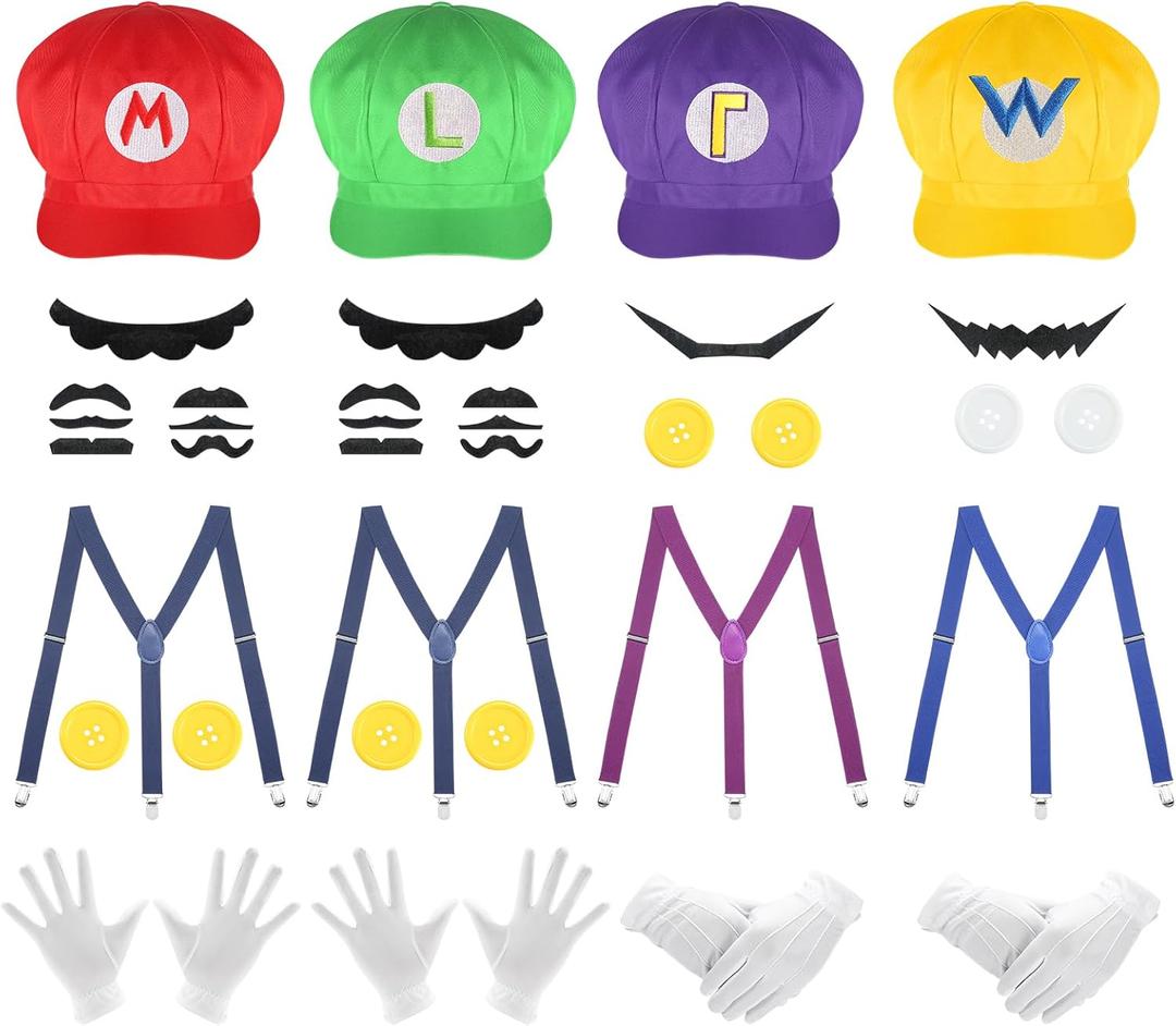 4Pcs Super Bros Hats Accessories Set Mary Luigy Caps, Mustaches, Suspenders, Gloves Buttons Halloween Cosplay Costume 2025 (Red+Green+Purple+Yellow)