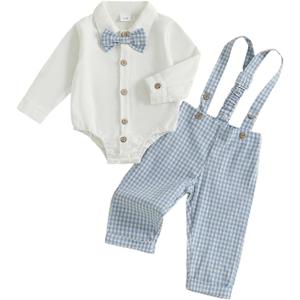 Baby Boy Clothes Set Infant Bow Tie Button Down Shirt Bodysuit Top Suspender Pants 2Pcs Fall Winter Outfit, Size: 3-6 Months