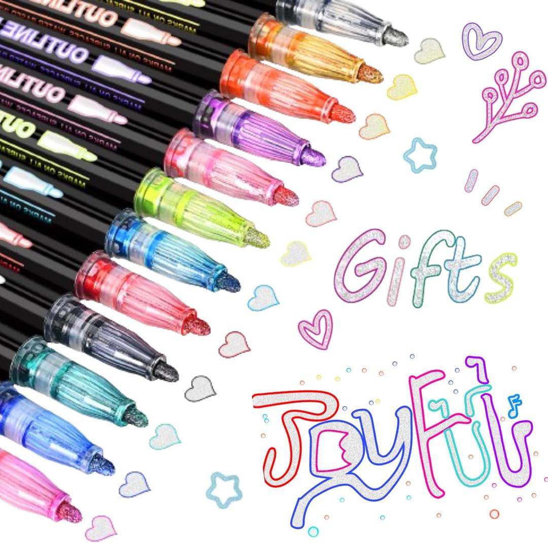 Outline Markers Shimmer Glitter Pens, 12 Shimmer Markers Metallic Outline Pens, Double Line Marker for Doodling, Drawing, Art Supplies, Crafts, XMAS Gifts for Teens