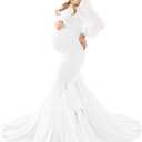 Saslax Long Chiffon Sleeve Tired Mermaid Maternity Dress for Photoshoot Photography Baby Shower (Medium, X- Off White)