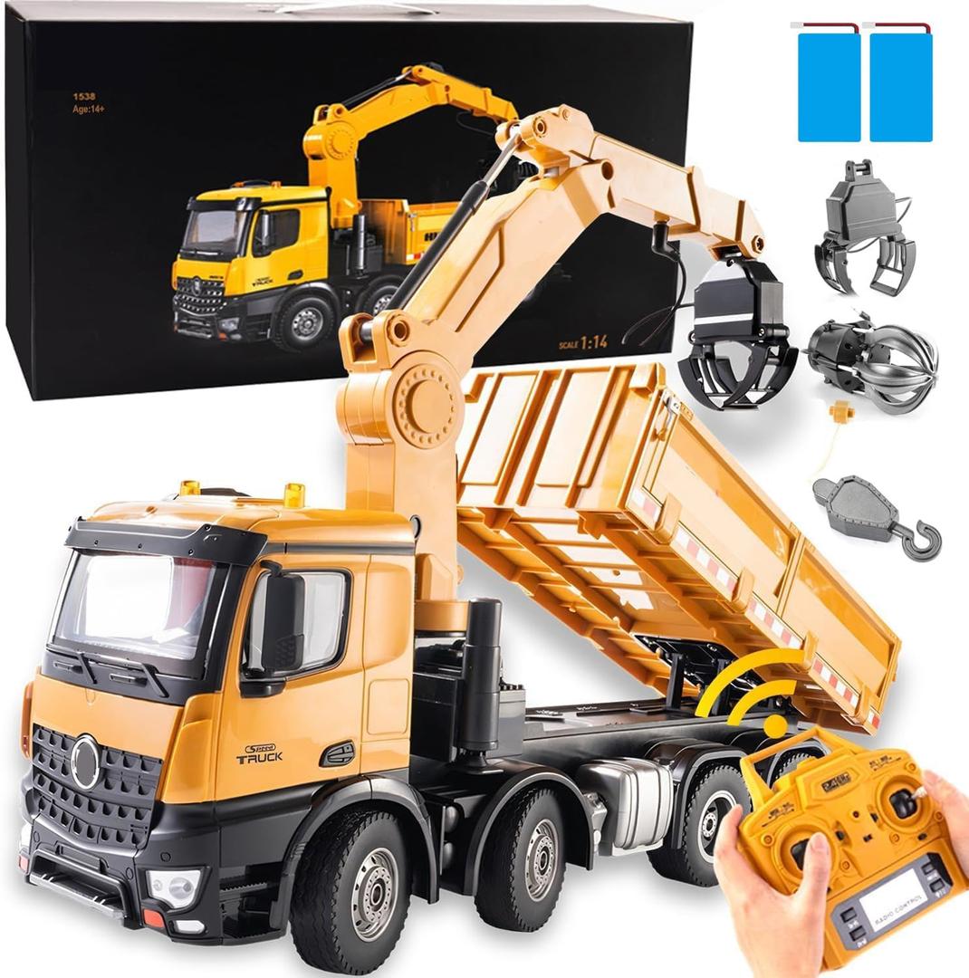 20-Inch 3 in 1 Remote Control Dump Truck Wood Grabber 26-Channels 1/14 Scale 6.6LBS Load Capacity RC Heavy Duty Metal Construction Vehicles Toy for 14Y+ Beginners (8 Wheels 2Batteries)