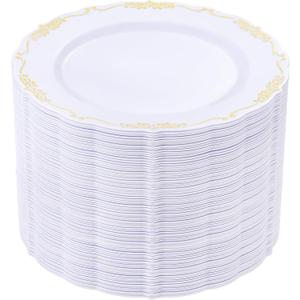 DaYammi 60PCS White and Gold Plastic Plates, Gold Rim Plates Disposable Heavy Duty Disposable Plate Premium 10inch White Dinner Plate Hard Plastic Platos for Party Wedding Bridal Shower