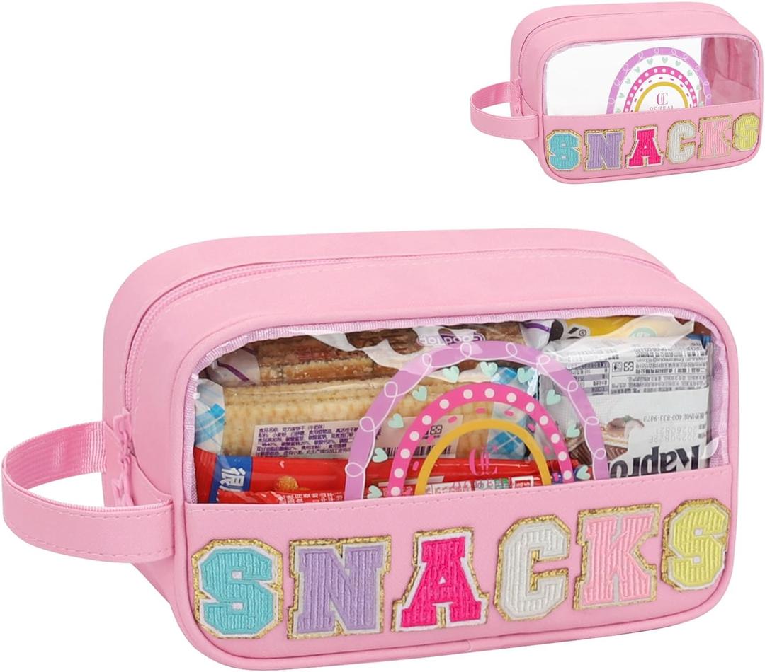 MONSTINA Snack Bag Clear Pouch, Makeup Travel Toiletry Bag, Clear Embroidery Letters Cosmetic Bag for Women Girls,Valentine's Gifts for Teens, A-Pink