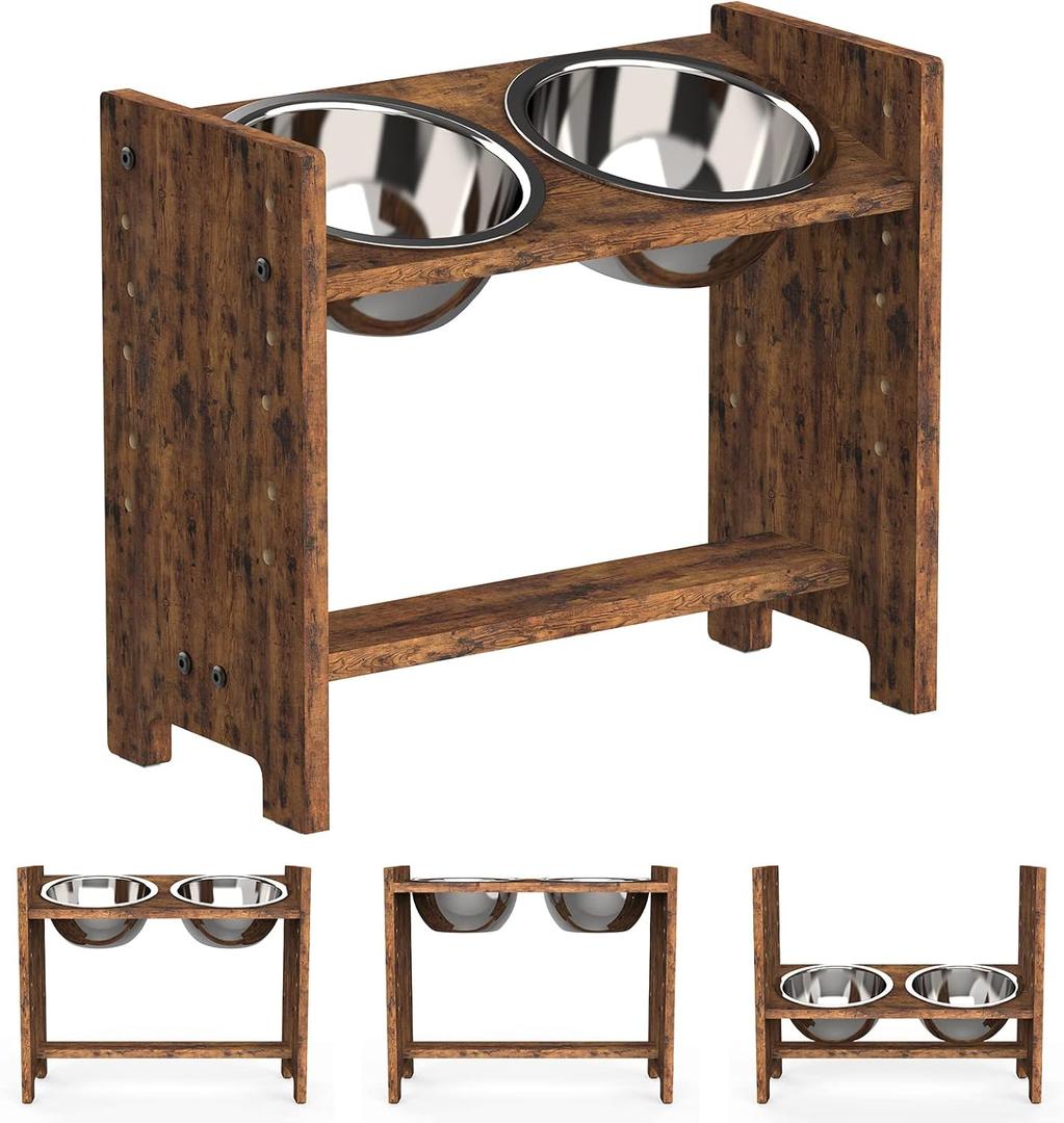 Vantic Elevated Dog Bowls, Adjustable Raised Dog Bowl Stand for Medium Sized Pet, Sturdy Particle Board Food Feeder with 2 Stainless Steel Dishes, Rustic Brown