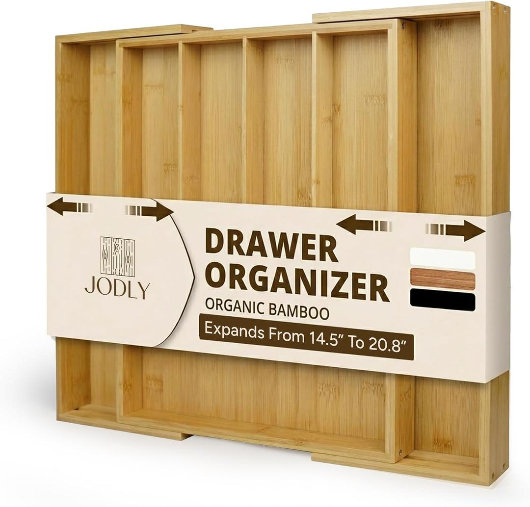 Bamboo Kitchen Utensil Drawer Organizer for Silverware | 100% Natural Expandable 14-20 Inch Kitchen Drawer Organizers for Utensils | Non-Slip Base | Screwed Joints for Long-Lasting Durability
