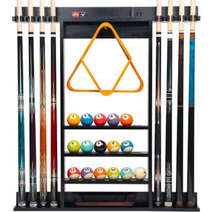 Wall Mount Pool Stick Holder, Solid Wood Billiard Pool Cue Rack
8 Cues Pool Cue Rack with Storage for Pool Table Accessories (Black)