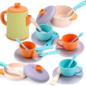 Kids Pretend Play Kitchen Set, Toy Cookware & Tea Set with Pots, Cups & Utensils, Montessori Role Play Toy for Toddlers Girls Boys Ages 3–6