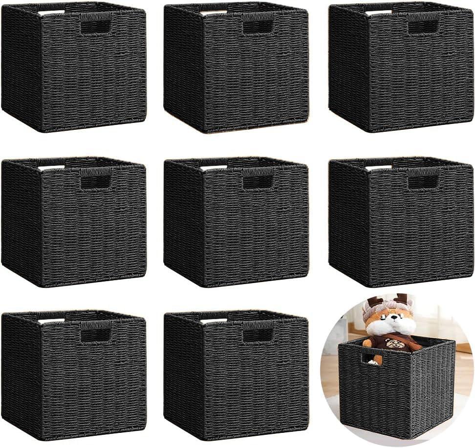 8 Pack 11.8 Inch Wicker Storage Cubes, Hand Woven Paper Rope Wicker Storage Baskets, Foldable Cube Storage Bins Organizer Square Shelf Baskets Pantry Organizing & Decor (Black)