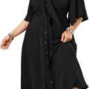 SCOMCHIC Plus Size Summer Dress Casual Short Sleeve Bow Tie Deep V Neck Smocked Button Down Midi Flowy A-line Boho Dresses (XX-Large Plus)