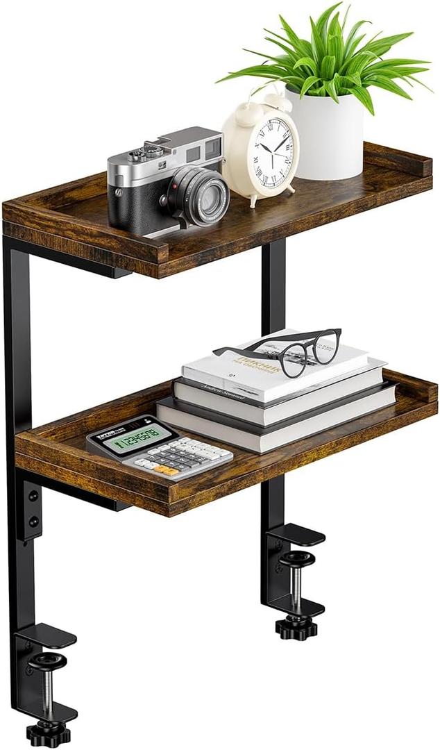 Clamp On Desk Shelf 2-Tier, Wood Shelving Unit for Office Desk/Gaming Accessories, Tabletop Book Storage Rack, Shelf for Top of Desk, Brown