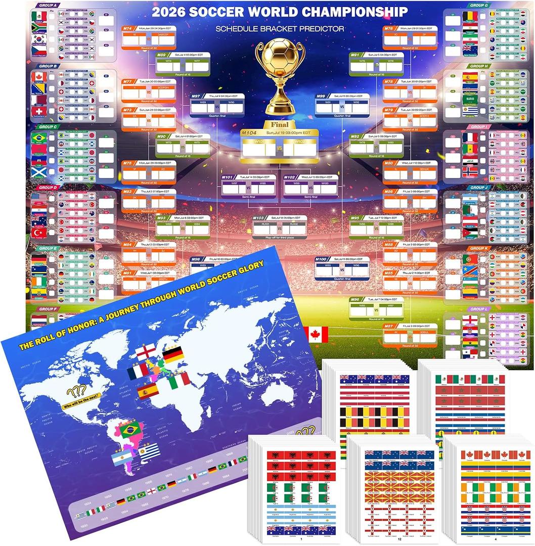 2026 World Soccer Tournament Extra Large Schedule Poster 43"x32", 2Pcs Gifts Set with 384 Stickers and Predict Champion Cup Winner, Tracker Bracket Wall Chart for Sports Fans Party Decorations