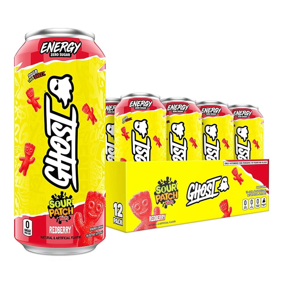 GHOST Energy Drink - 12-Pack, Sour Patch Kids Redberry, 16oz - Energy & Focus & No Artificial Colors - 200mg of Natural Caffeine, L-Carnitine & Taurine - Gluten-Free & Vegan (EXP 12/31/26)