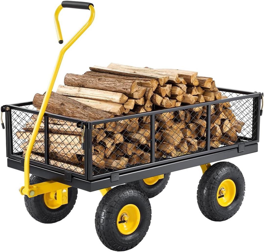 VEVOR 900 Lbs Heavy Duty Steel Garden Cart, Garden Wagon Cart on Wheels, Outdoor Metal Yard Utility Wagon Carts with 10" Tires and Mesh Removable Sides(Convert to Flatbed) and 180Rotating Handle (Black+yellow)