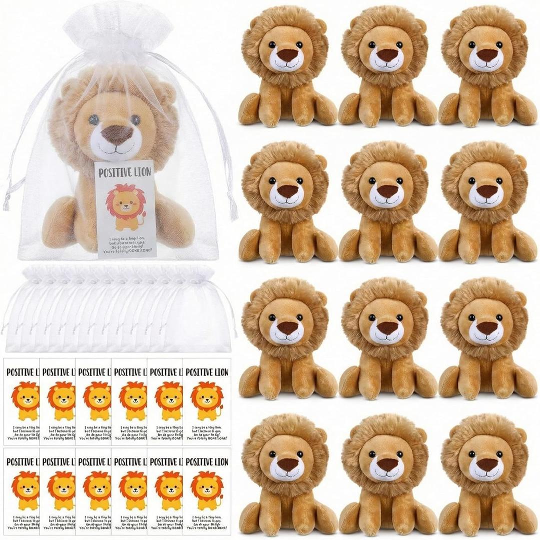 Blueweenly 36 Pcs Lion Plush 6 Inches with Organza bag and Cards Cuddly Lion Stuffed Animal Small Stuffed Animals Bulk for Birthday Favors Gifts Forest Decor Birthday