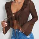 GORGLITTER Women's Sheer Bell Long Sleeve Crop Tops Y2K Fall Mesh Tie Front Gothic Concert Going Out Tops Trendy Dressy (Brown, L)