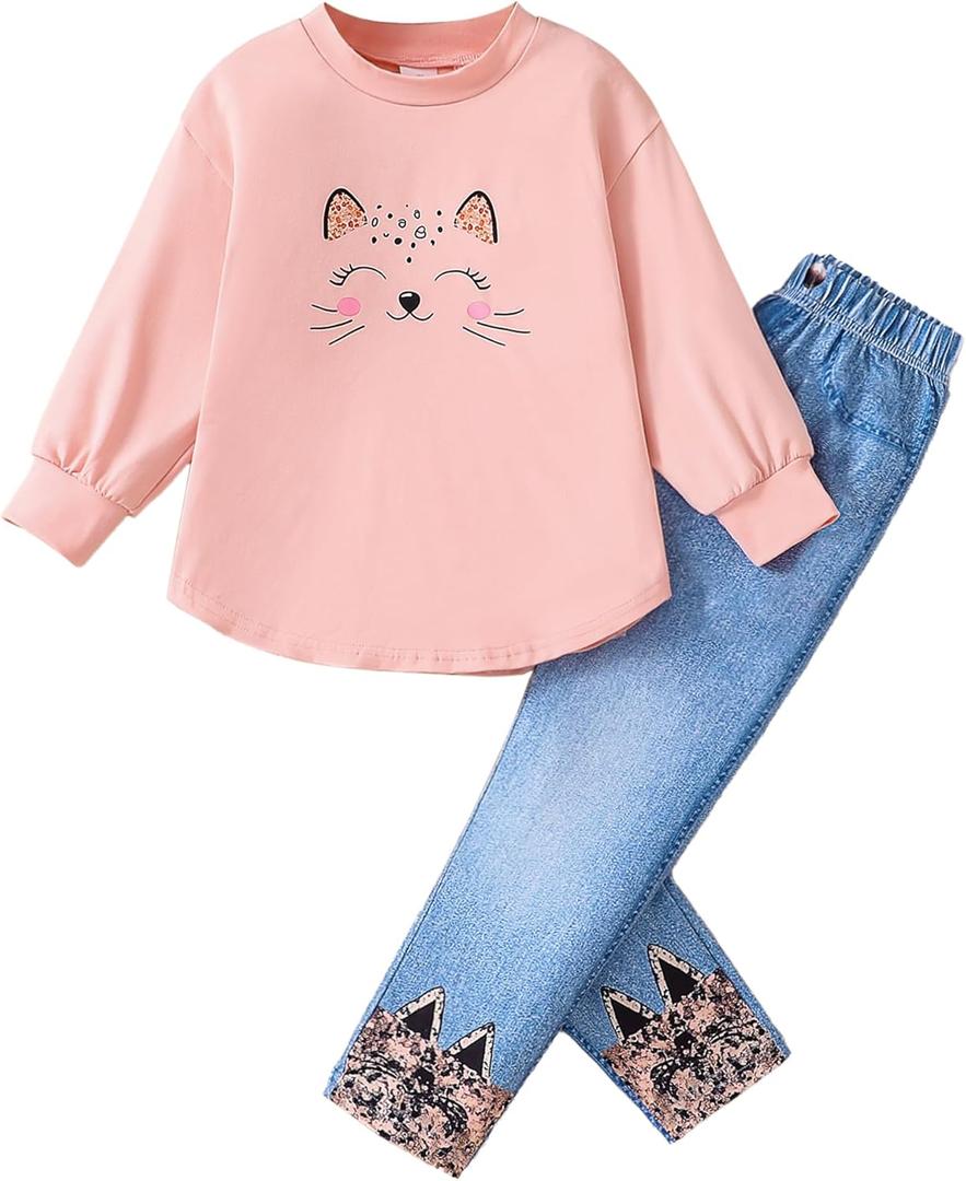 Toddler Girl Clothes Sets, 2Pcs Cute Fall Outfit for Little Girls, Long Sleeve Top & Pants for Size 4-8T (6 Years, Pink1)