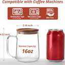 Glass Coffee Mugs, 16 oz Glass Coffee Cups with Acacia Wood Lids, Clear Borosilicate Glass Mugs with Handles for Cappuccino, Tea, Latte, Hot/Cold Beverages, Wine, Americano, Set of 2