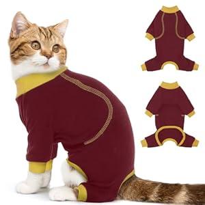 DENTRUN Cat Hair Sticky Onesie, Cat Recovery Suit for Female Male Cat After Surgery, Kitten Surgical Cone Alternative Shirts Hair Spreading Prevent Clothes, Cat Pajama Apparel for Cats Only, Red M