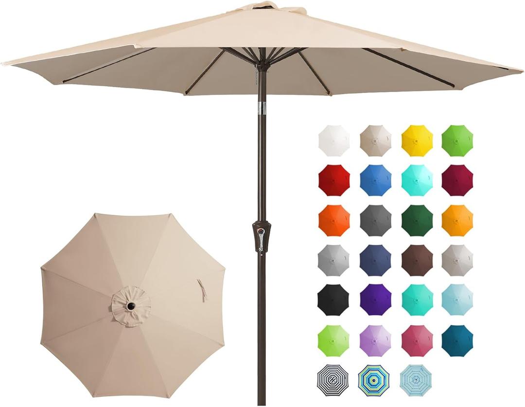 JEAREY 9FT Outdoor Patio Umbrella Outdoor Table Umbrella with Push Button Tilt and Crank, Market Umbrella 8 Sturdy Ribs UV Protection Waterproof for Garden, Deck, Backyard, Pool (Beige)