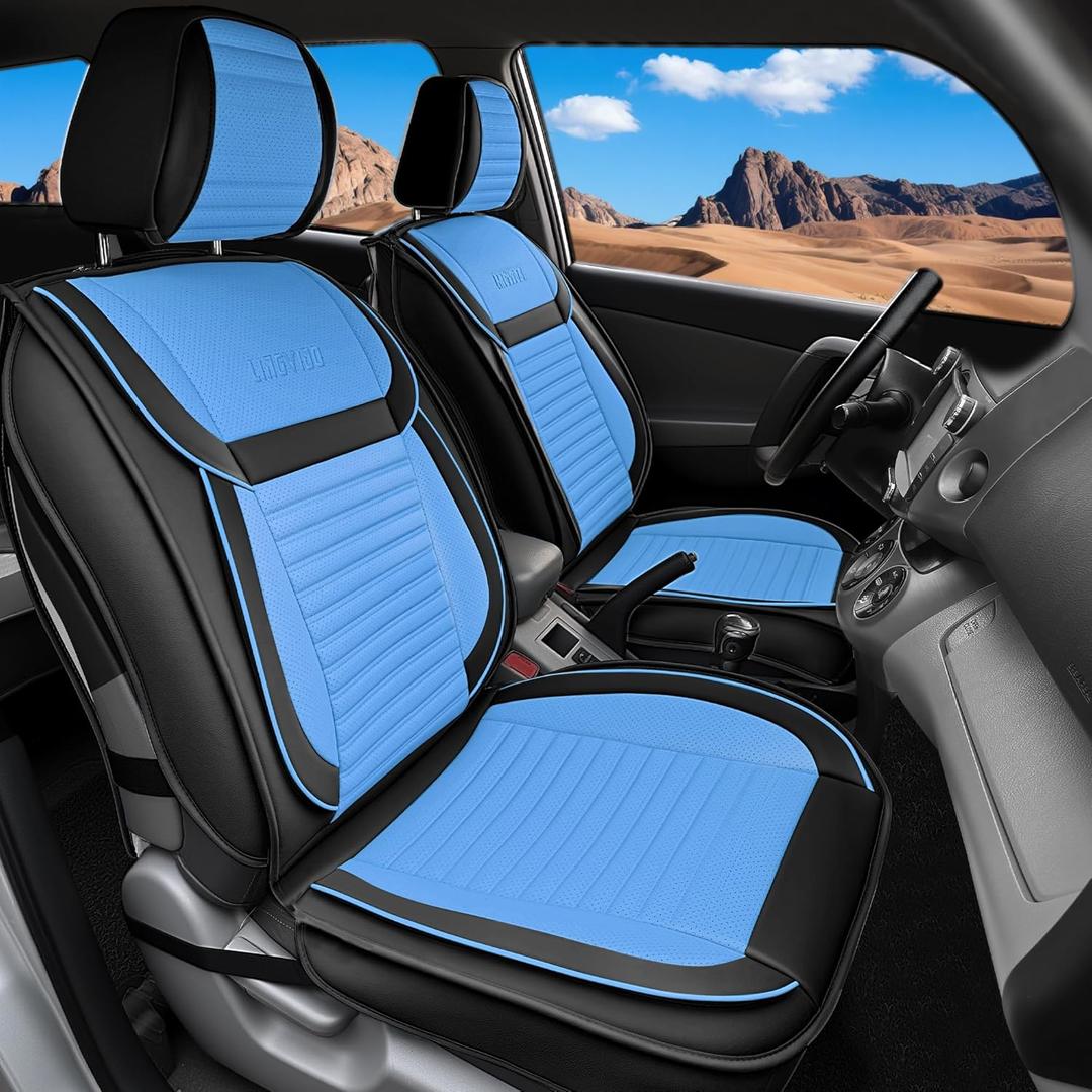 LINGVIDO Car Seat Covers, Breathable and Waterproof Faux Leather Automotive Seat Covers for Cars SUV Truck Sedan,Universal Anti-Slip Seat Cover with Backrest (Full Set, Light Blue & Black)