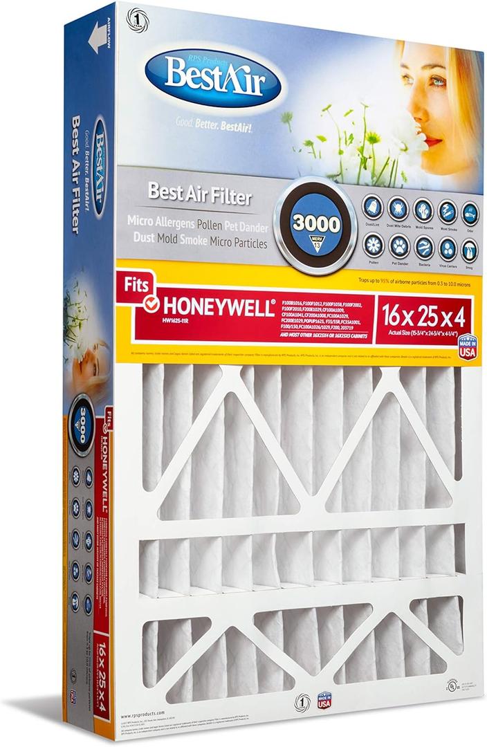 BestAir HW1625-13R-XCP3 Air Cleaning Furnace Filter, 16 in L, 25 in W, 13 MERV, 1500 to 1900 MPR, Cardboard Frame -