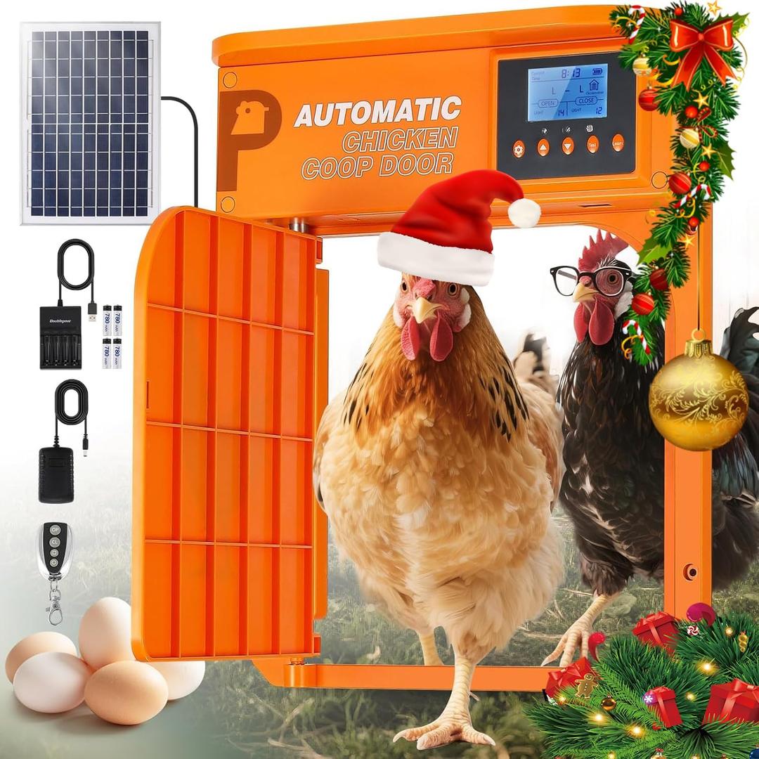 Automatic Chicken Coop Door, Upgrade Door Opening, Solar Powered Chicken Door, Light Sensor&Timer, Remote Control, Multiple Power Options with Solar Panel (Black)