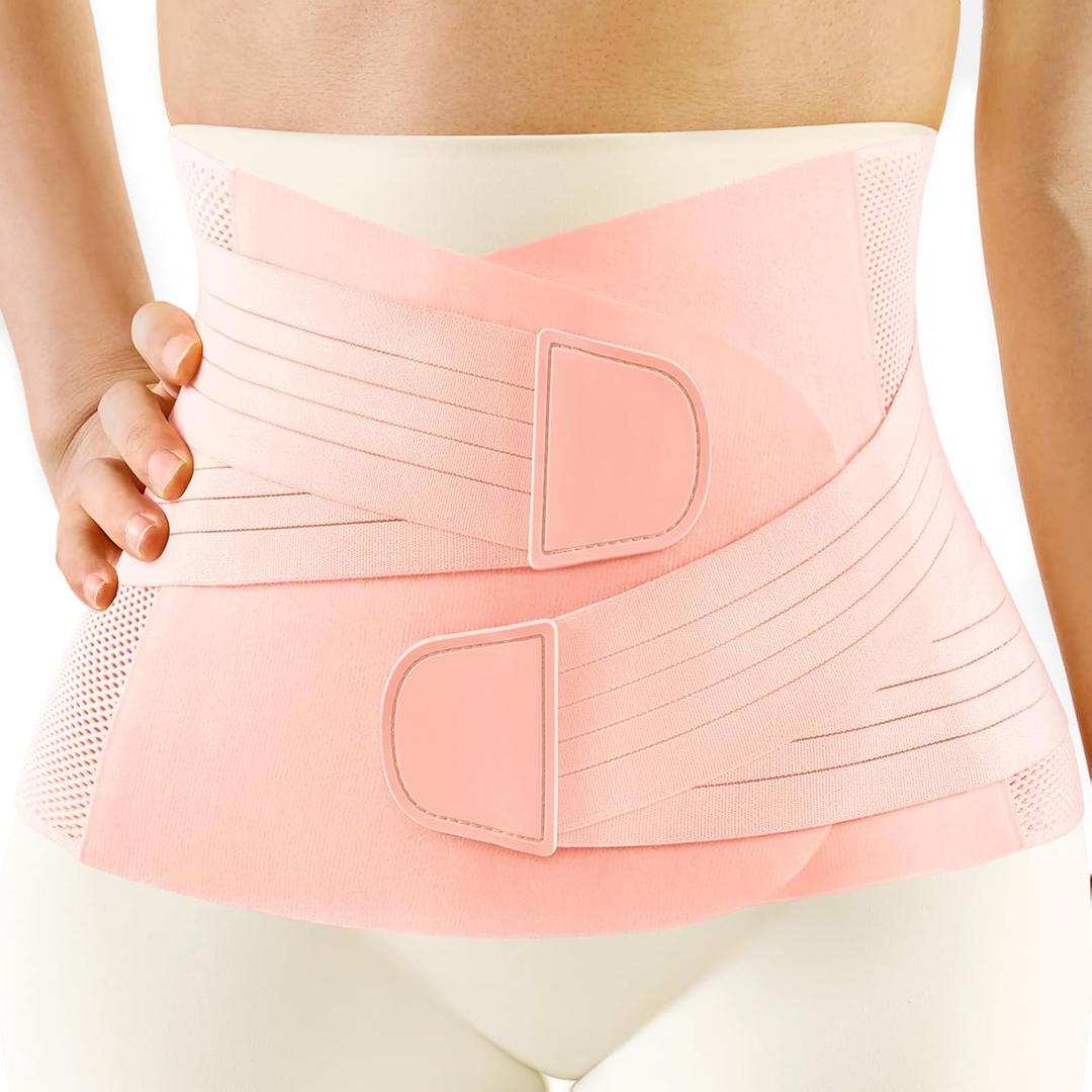 FREETOO Postpartum Belly Band Wrap for Women,Abdominal Binder Post Surgery,for Natural Delivery,C Section Belly Binder Post Partum,Stomach Binder Postpartum with Adjustable Compression,M,Pink (Pink)