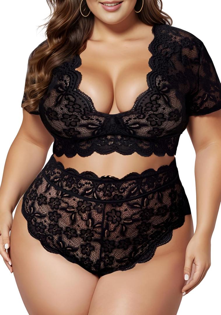 Plus Size 2 Piece Lingerie Set for Women Sexy Deep V Allover Lace Bra and Panty High Waist Nightwear Clubwear (5X-Large, Black)