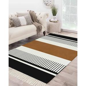 Geometric Large Area Rug 4x6ft Woven Runner Rug,Boho Black Brown White Stripe Contemporary Bohemia Washable Living Room Bedroom Kitchen Bathroom Classroom Carpet with Tassels Indoor Throw Door Mat