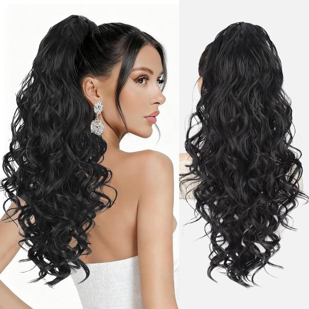 Ponytail Extension 20 Inch Claw Clip Ponytail Hair Extension Natural Synthetic Curly Wavy Hairpiece for Women Daily Use(Black)