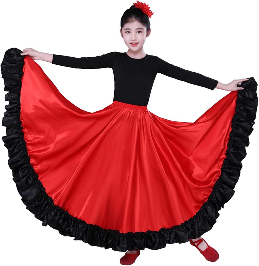 Girls Full Circle Belly Dance Skirts for Spanish Flamenco Costume Mexican Skirt (US, Age, 3 Years, 4 Years, Red)