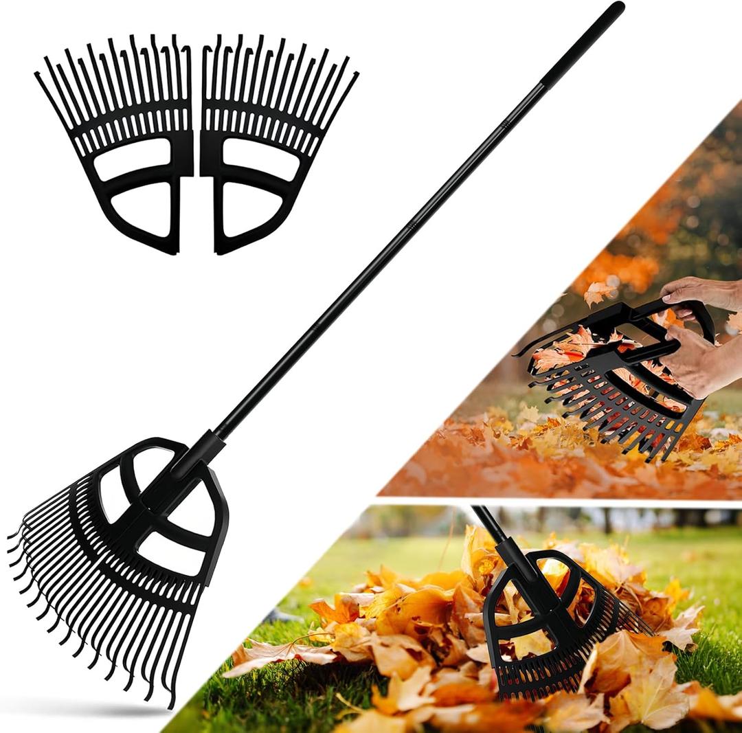 Garden Leaf Rake 2 in 1 Leaf Scoops,Rake for Leaves 30-65" Long Handle,30 Tines Leaf Grabber Hand Rakes with Quick-Detach Head and Non-Slip Handle for Gardening Lawns Yard Outdoor Shrub Grass (Black)