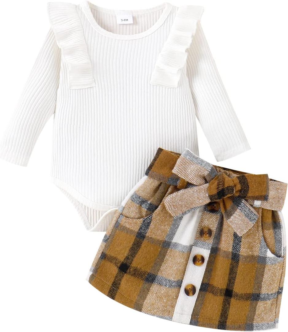 Yccutest Toddler Baby Girl Skirt Outfit Long Sleeve Ruffle Shirt Top Mini Skirt Set 2Pcs Kids Little Girl Clothes Fall Winter (3-6 Months, Romper Top&brown Plaid Skirt)