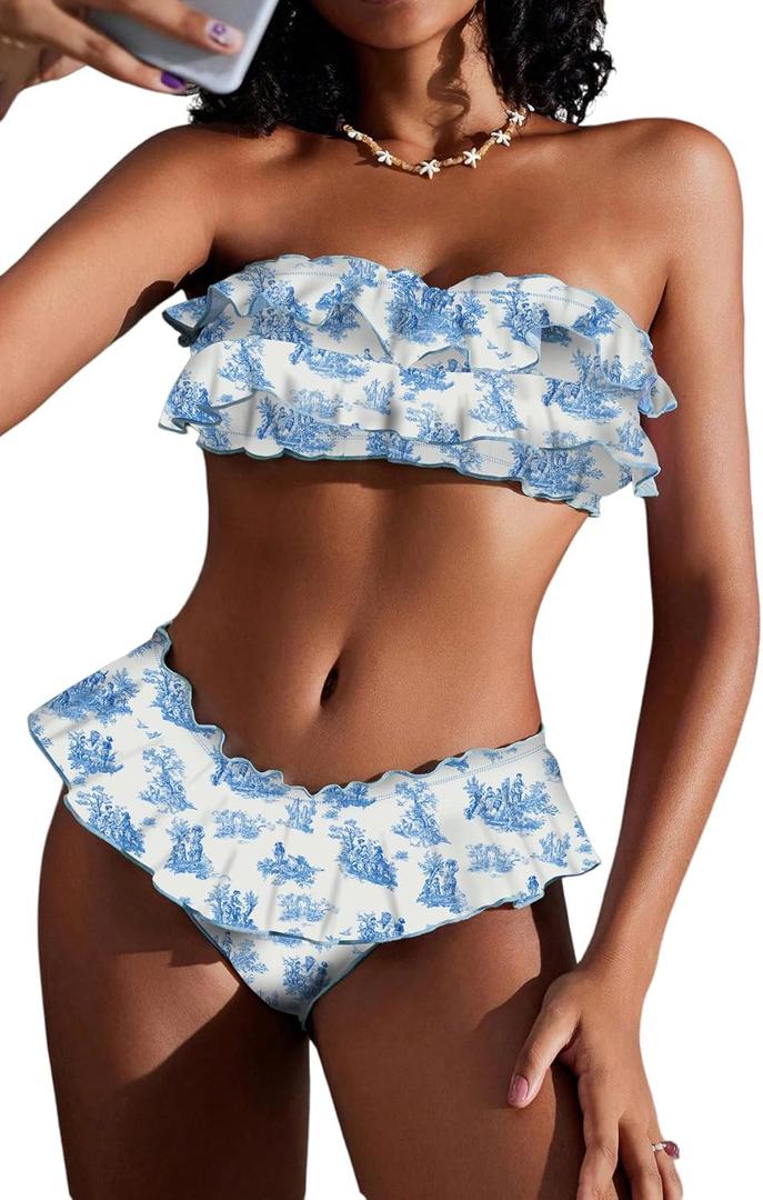 WDIRARA Women's Floral Bikini Set 2 Piece Bandeau Layered Ruffle Swimsuit Strapless Bathing Suit (Light Blue White), Size: Small