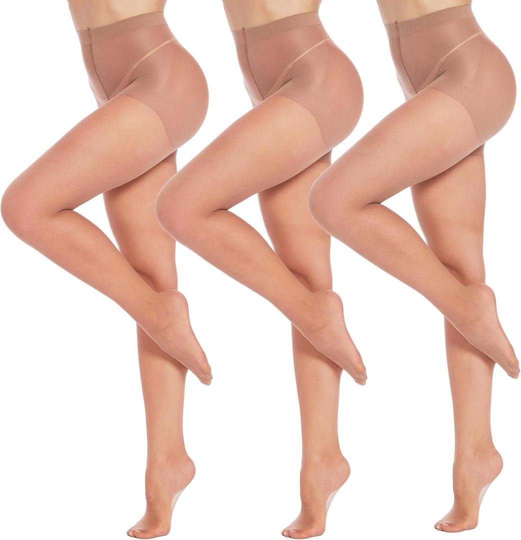 HeyUU 3Pairs Women's Sheer Tights - 15D Control Top Pantyhose with Reinforced Toes